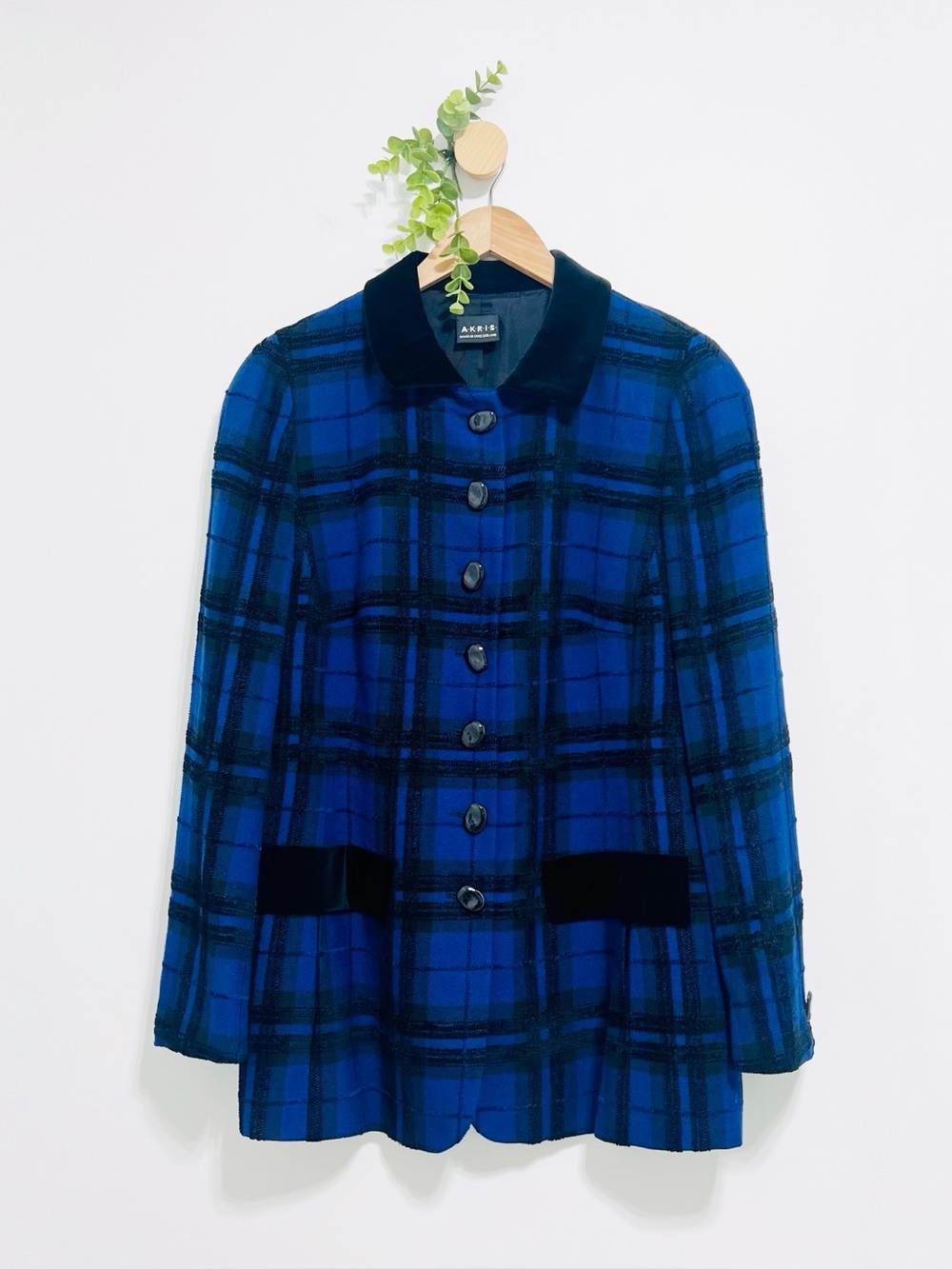 Akris Cobalt Blue Wool Velvet Collar Classy Plaid Blazer - FLAW